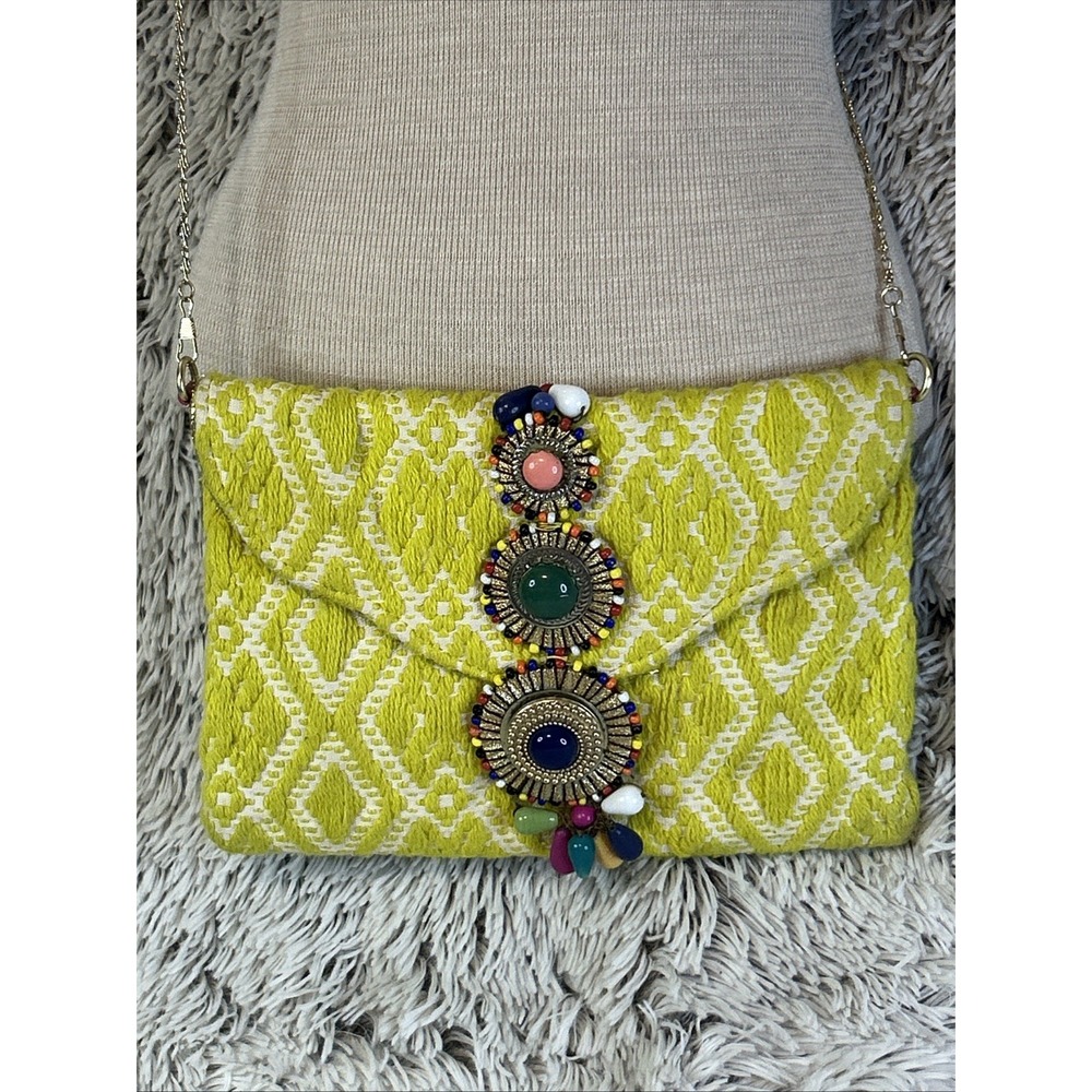 Steve Madden Bzada Yellow Envelope Clutch Crossbody Bag Beaded Gold Chain Boho